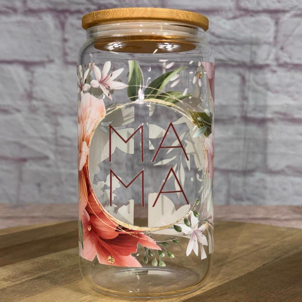Floral 16oz Glass Tumbler with Bamboo Lid - 'MAMA' Design New